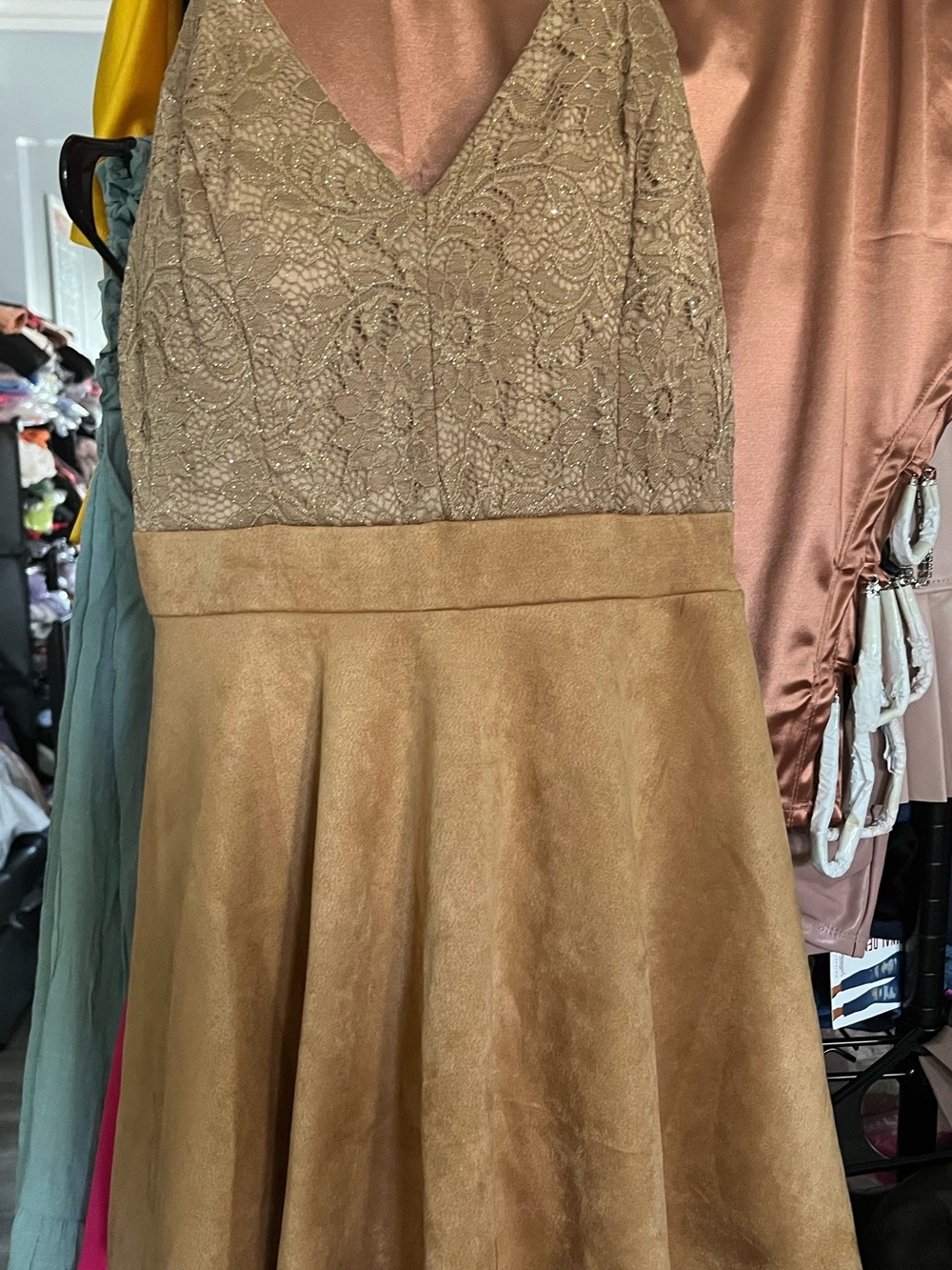 V-Neck Lace Bodice Mini Dress in Tan
